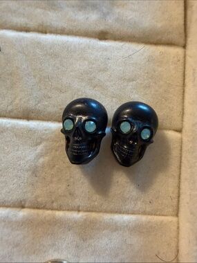 Black Skull Earrings with Mint Green Inlay